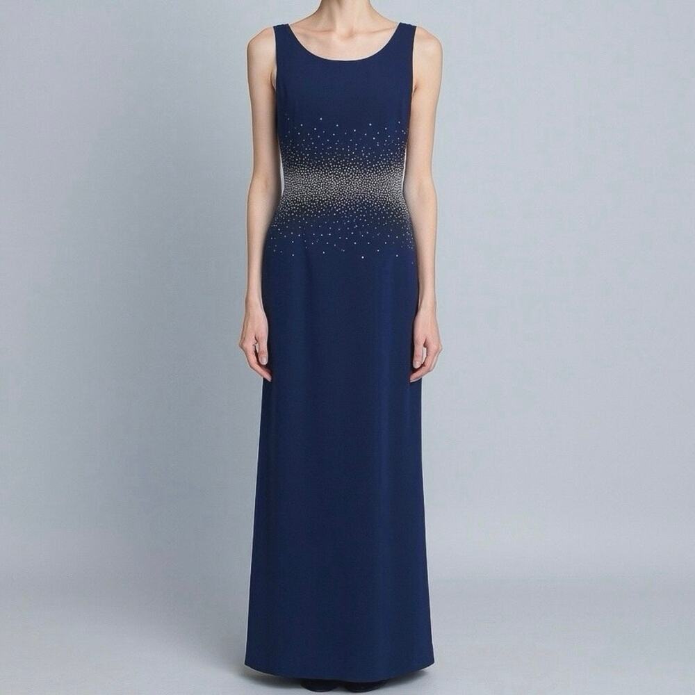 Calvin Klein Navy Rhinestone Gradient Waist Gown‎ Size 10 Sleeveless Maxi Formal
